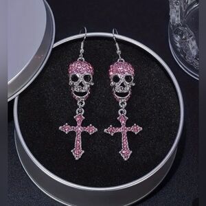 Ghost Skull Head Cross Dangle Earrings / Pink NWT